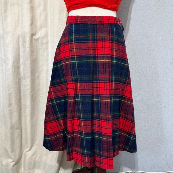 Vintage Wool Blend Plaid A Line Midi Skirt Red Navy Green Size XS Cottage Core - Picture 4 of 14